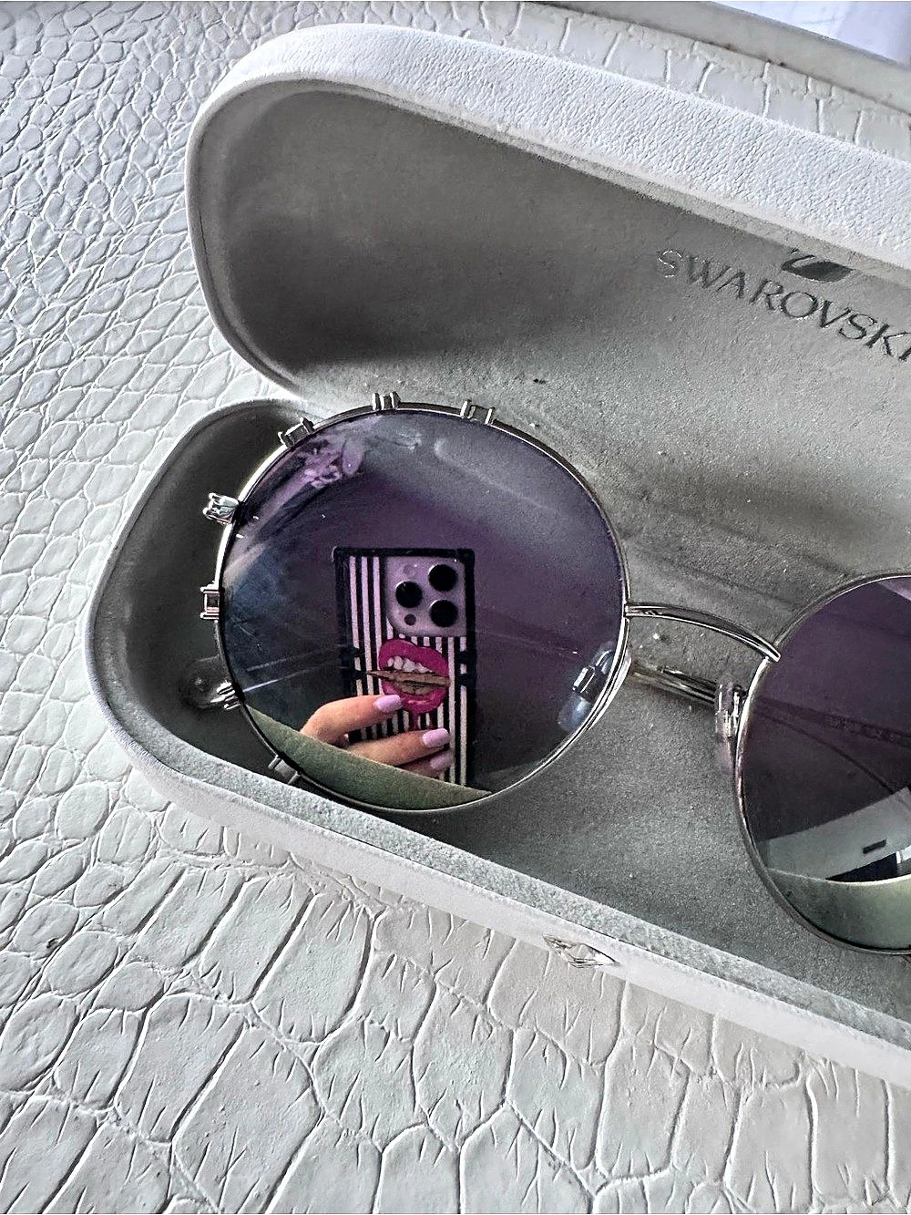 Swarovski Embellished Metal Frame Sunglasses in Gray & Purple